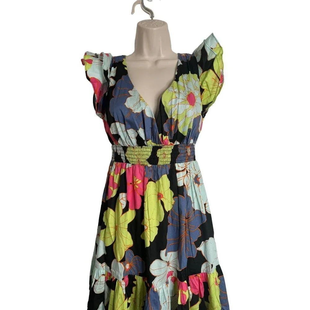 ModCloth Honolulu floral black ruffle cap sleeve tiered maxi dress Size XS  NEW - Picture 9 of 14